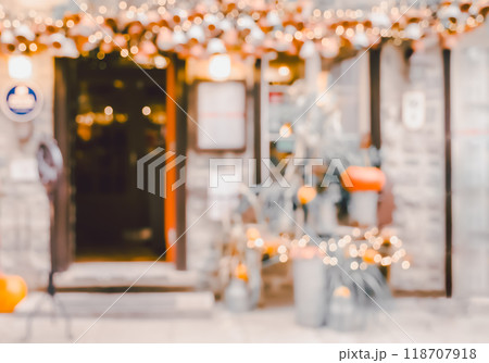 Blurred image of shop or cafe background with bokeh christmas lights 118707918
