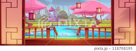View on Japanese garden with pink trees from house View on Japanese garden with pink trees from house 118708195