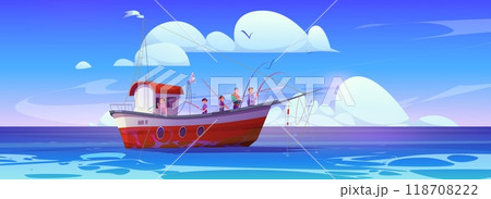 Men and teen kids tourists on fishing boat 118708222