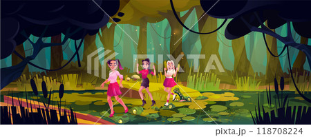 Teen girls running from dangerous crocodiles Teen girls running from dangerous crocodiles 118708224