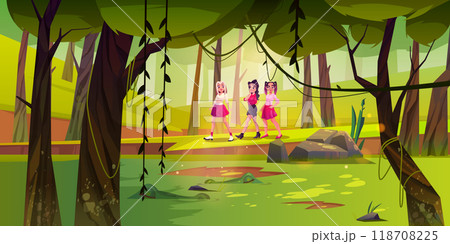 Teen girls walking in forest near swamp Teen girls walking in forest near swamp 118708225