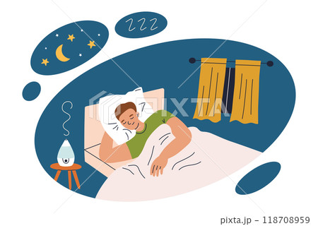 Vector illustration of man peacefully sleeping in bed, cozy bedroom with window, nightstand with humidifier. Comfortable pillow, blanket and bedding. Night scene with stars and moon. Rest, relaxation 118708959