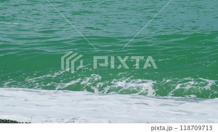 Waves Covered With White Foam. Turquoise Foamy Sea Water Splashing On Sandy Coast. Slow motion. Waves Covered With White Foam. Turquoise Foamy Sea Water Splashing On Sandy Coast. Slow motion. 118709713