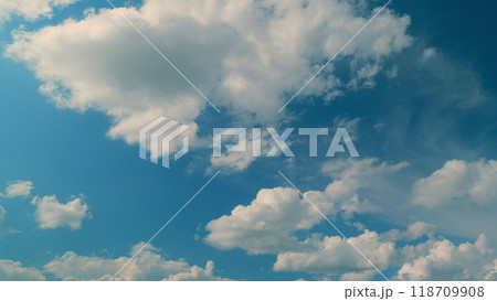 Cinematic Breathtaking Backwards With White Fluffy Clouds Moving In Opposite Direction. Light Cloudscape. Cinematic Breathtaking Backwards With White Fluffy Clouds Moving In Opposite Direction. Light Cloudscape. 118709908