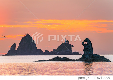 【静岡県】夕陽に染まる大田子海岸 奇岩のメガネッチョ 【静岡県】夕陽に染まる大田子海岸 奇岩のメガネッチョ 118710099