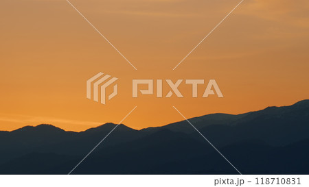 Sunrise Sky With Mountains. Natural Sunrise On Silhouette Shadow Dark Mountains. Real time. 118710831