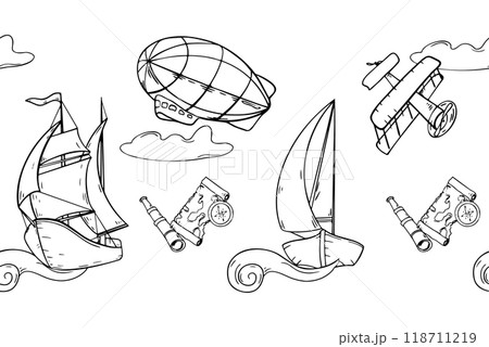 Air transport and ships, dirigible vector seamless border monochrome isolated. Black and white graphic hand drawn repeating banner for boy adventure style. Endless board of silhouette transport. 118711219