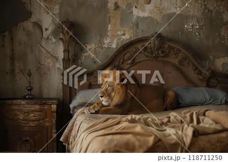 A lion on the bed in the bedroom. The King of Beasts is relaxing on the couch at home 118711250