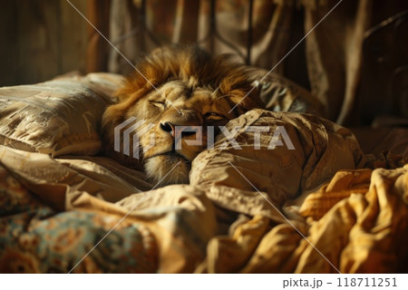 A lion on the bed in the bedroom. The King of Beasts is relaxing on the couch at home 118711251