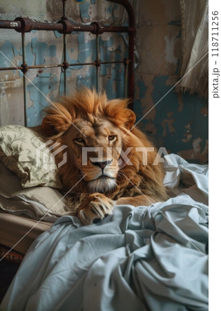 A lion on the bed in the bedroom. The King of Beasts is relaxing on the couch at home 118711256