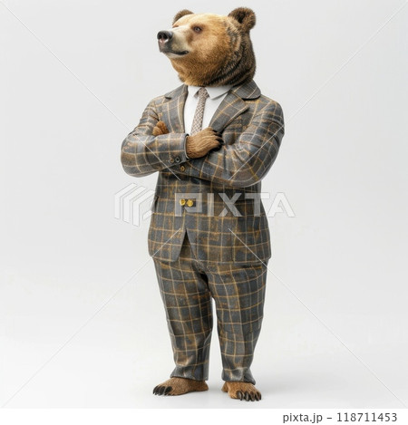 Portrait of funny bear in business suit on white background. Businessman with bear head on white background 118711453