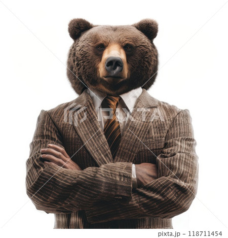Portrait of funny bear in business suit on white background. Businessman with bear head on white background 118711454