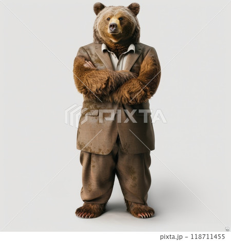 Portrait of funny bear in business suit on white background. Businessman with bear head on white background 118711455