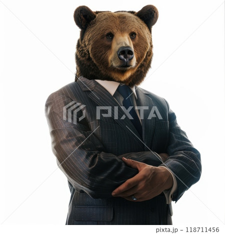 Portrait of funny bear in business suit on white background. Businessman with bear head on white background 118711456
