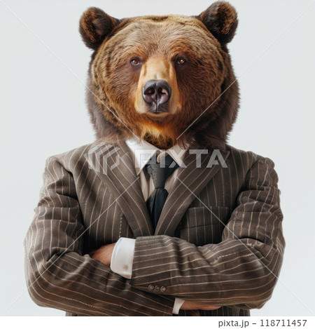 Portrait of funny bear in business suit on white background. Businessman with bear head on white background 118711457