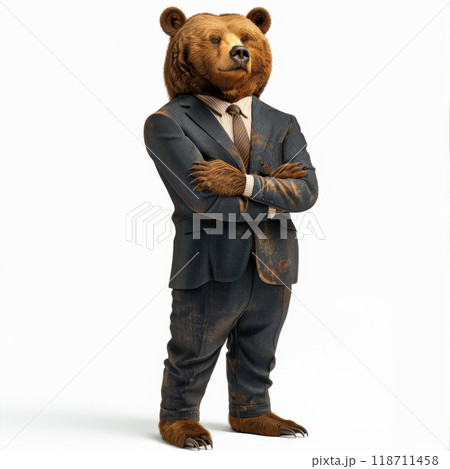 Portrait of funny bear in business suit on white background. Businessman with bear head on white background 118711458