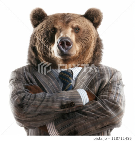 Portrait of funny bear in business suit on white background. Businessman with bear head on white background 118711459