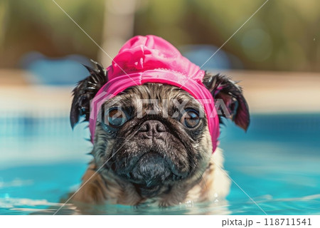 A French bulldog in a swimming cap by the pool. A dog in a swimming cap in the pool 118711541