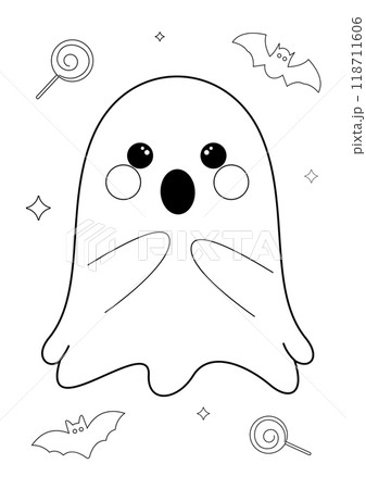 Cute scary ghost in doodle style. Happy Halloween coloring page for kids and adults. 118711606