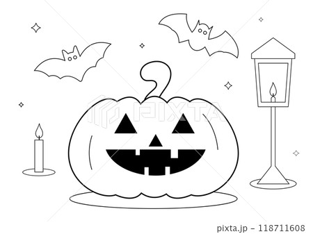 Halloween coloring page with pumpkin, bats and candles. Hand drawn illustration for kindergarten, school, print. Halloween coloring page with pumpkin, bats and candles. Hand drawn illustration for kindergarten, school, print. 118711608