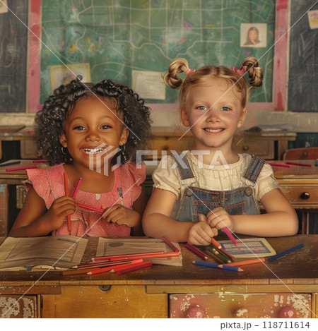 Two schoolgirls of different races paint at a creative art school 118711614