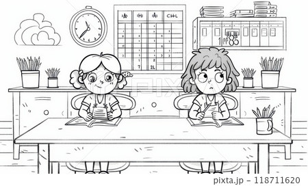 Two schoolgirls of different races paint at a creative art school. Illustration 118711620