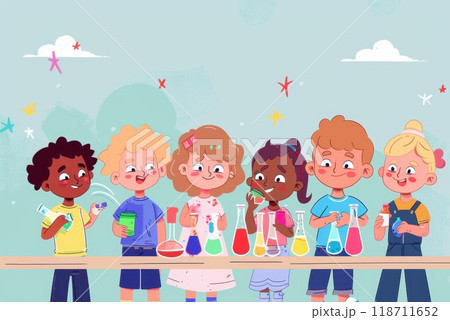 A group of teenage students do a chemistry experiment by making an analysis and mixing liquid in a test tube on a lab experiment. Illustration 118711652