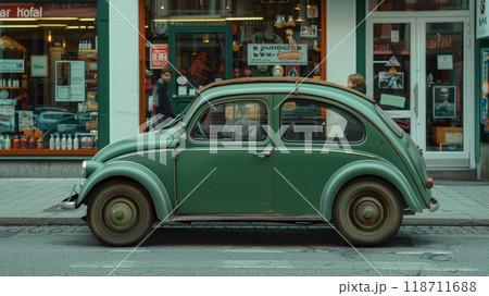 green vintage car parked on the sidewalk outside the store green vintage car parked on the sidewalk outside the store 118711688