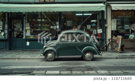 green vintage car parked on the sidewalk outside the store green vintage car parked on the sidewalk outside the store 118711689