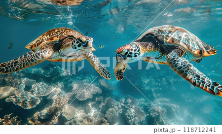 Two sea turtles swim on a coral reef in the ocean. Turtles under water 118712241