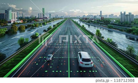 Cars are moving along the highway towards the big city. The concept of transport communication 118712308