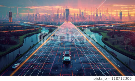 Cars are moving along the highway towards the big city. The concept of transport communication 118712309