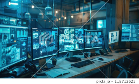 Surveillance and decision center used for tracking. Multiple screens in the street tracking room Surveillance and decision center used for tracking. Multiple screens in the street tracking room 118712623