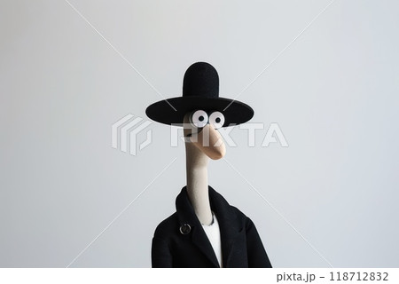 Strict cartoon character in black suit and hat on white isolated background. Illustration 118712832
