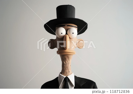 Strict cartoon character in black suit and hat on white isolated background. Illustration Strict cartoon character in black suit and hat on white isolated background. Illustration 118712836