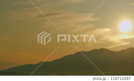 Beautiful And Peaceful Sunrise In Mountains. Landscape Colorful Sky At Sunrise. Real time. 118712887