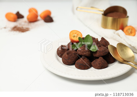 Chocolate truffles, concept of delicious sweet food Chocolate truffles, concept of delicious sweet food 118713036