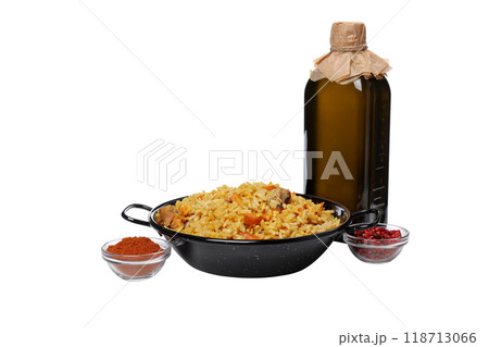 PNG, plate with pilaf and ingredients, isolated on white background. PNG, plate with pilaf and ingredients, isolated on white background. 118713066