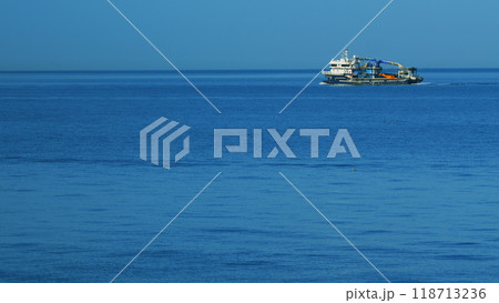 Fishing Boat In The Black Sea. Clear Good Weather In Morning. Still. Fishing Boat In The Black Sea. Clear Good Weather In Morning. Still. 118713236