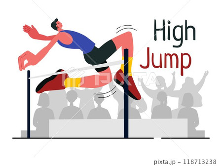 Vector Illustration of a Male Athlete Performing a High Jump, Combining Speed and Technique to Soar Over the Bar in a Flat Style Cartoon Background Vector Illustration of a Male Athlete Performing a High Jump, Combining Speed and Technique to Soar Over the Bar in a Flat Style Cartoon Background 118713238