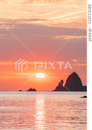 【静岡県】夕陽に染まる大田子海岸　沖に沈む太陽 118713288