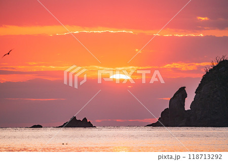 【静岡県】夕陽に染まる大田子海岸　沖に沈む太陽 118713292