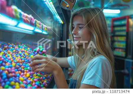 A girl near a shelf with sweets. The girl behind the candy counter in the Supermarket 118713474