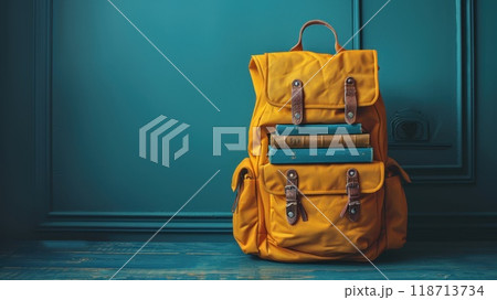 Stylish backpack for hiking and traveling on a blue background Stylish backpack for hiking and traveling on a blue background 118713734