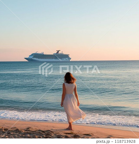夕日の海に浮かぶロングヘアーの女性 118713928
