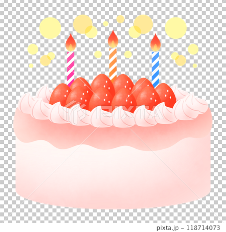 An illustration of a pink strawberry birthday cake with three burning candles 118714073