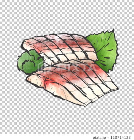 Hand-drawn brush-style illustration of horse mackerel sashimi Hand-drawn brush-style illustration of horse mackerel sashimi 118714128