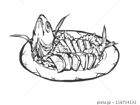 アジの姿造りの手描き筆絵風イラスト アジの姿造りの手描き筆絵風イラスト 118714131