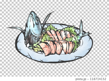 Hand-drawn brush-style illustration of horse mackerel sashimi 118714132