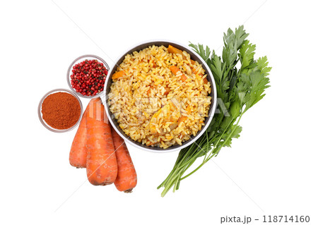 PNG, plate with pilaf and ingredients, isolated on white background. PNG, plate with pilaf and ingredients, isolated on white background. 118714160